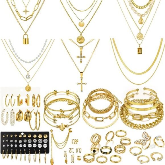 73 Pcs Gold Jewelry Set with 6Pcs Layered Necklace, 11 Pcs anklet and 7Pcs - Picture 1 of 8